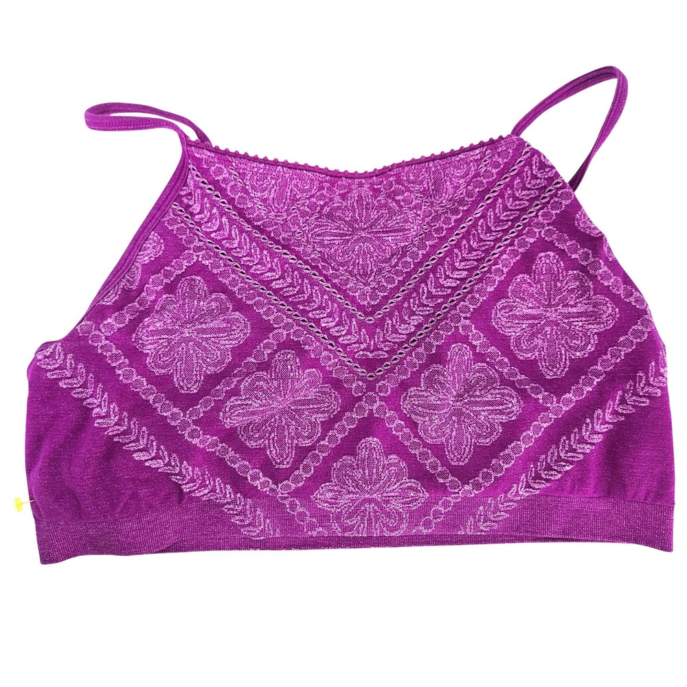 Seamless Knit High Neck Bralette Floral‎ Print Purple Pink Fuschia Women S M